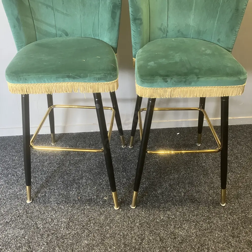 Pair of Green Velvet Swivel Base Bar Stools With Tassells, Crown Shaped Back. H100cm Image 1++