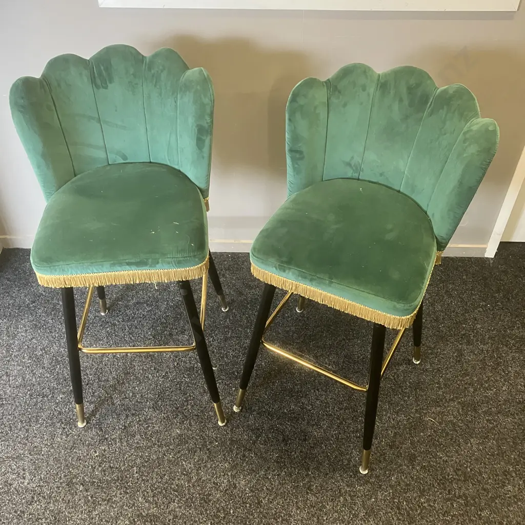 Pair of Green Velvet Swivel Base Bar Stools With Tassells, Crown Shaped Back. H100cm Image 1++