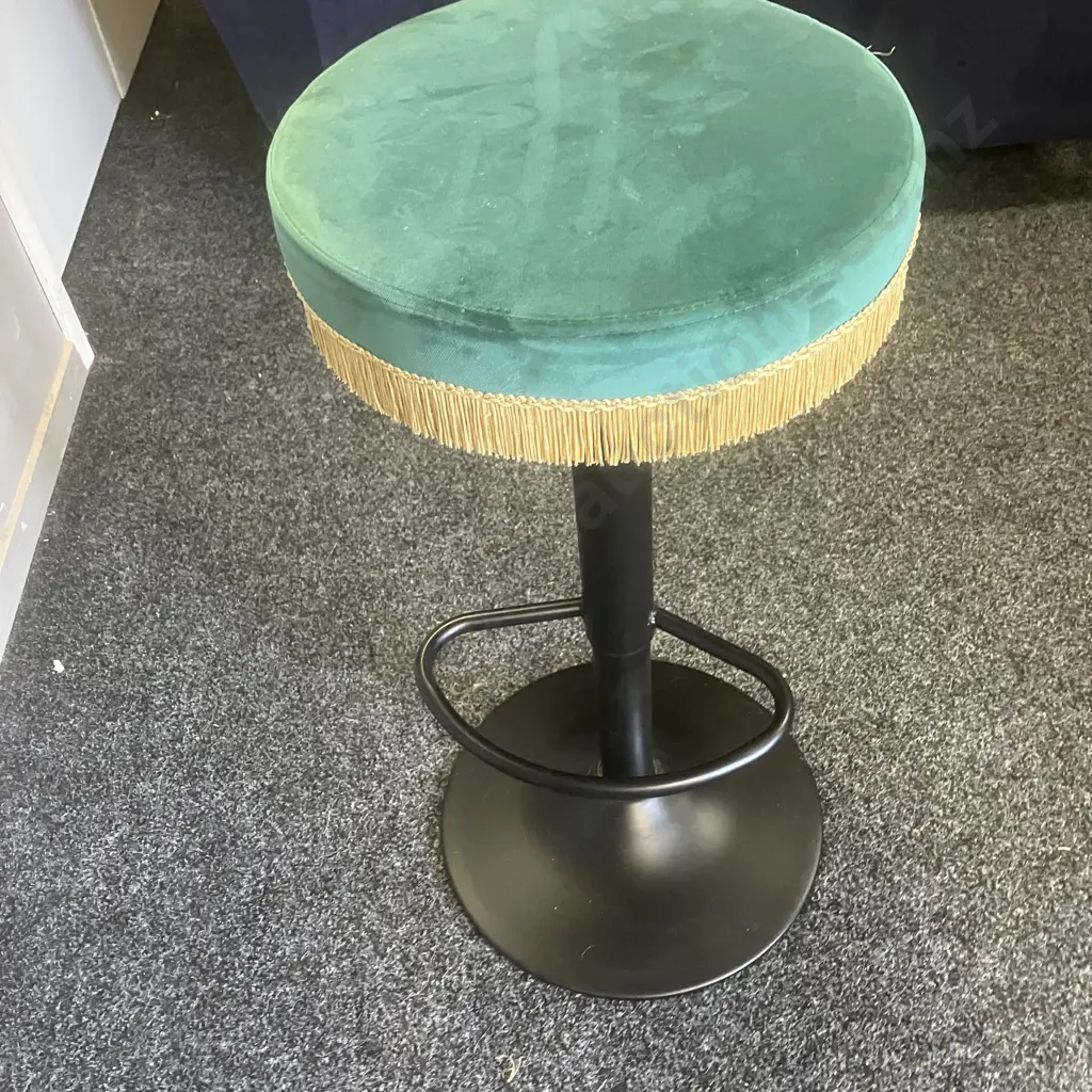 Pair of Green Velvet Swivel Base Bar Stools With Tassells, Height Adjustable. Image 1++
