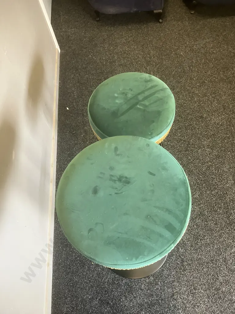 Pair of Green Velvet Swivel Base Bar Stools With Tassells, Height Adjustable. Image 1++