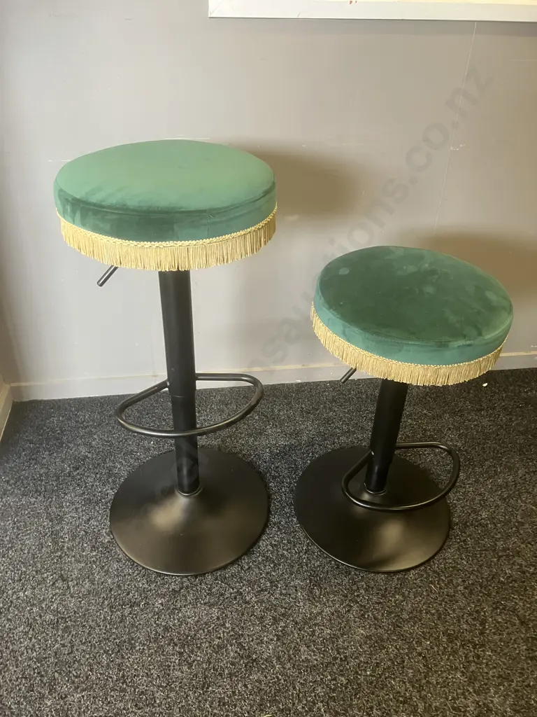 Pair of Green Velvet Swivel Base Bar Stools With Tassells, Height Adjustable. Image 1++