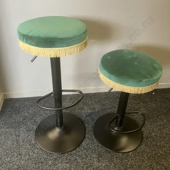 Pair of Green Velvet Swivel Base Bar Stools With Tassells, Height Adjustable.