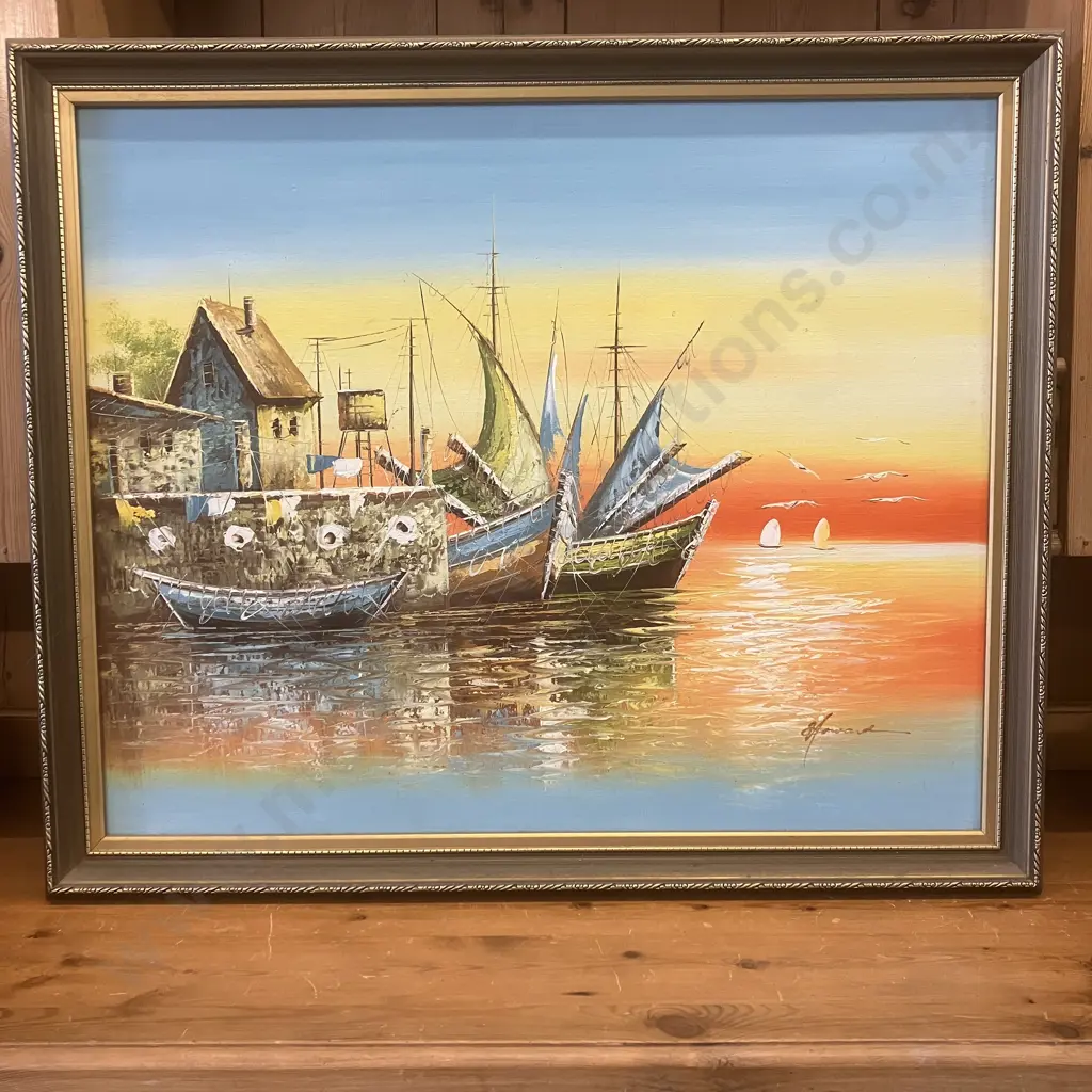 Oil Painting Framed & Signed of Boats & Wharf. 58 x 69cm Image 1++