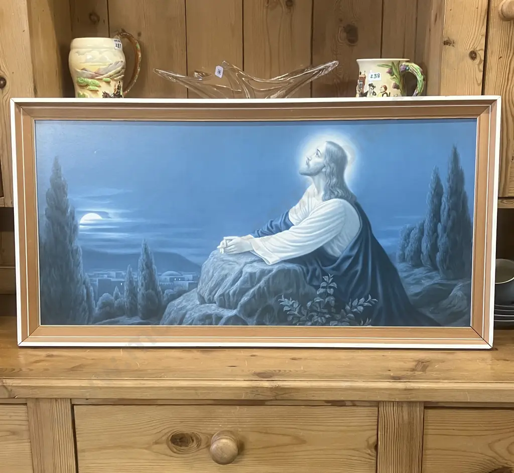 Jesus Christ Prayer On The Mount of Olives Framed Vintage Print. 42 x 81.5cm Image 1++