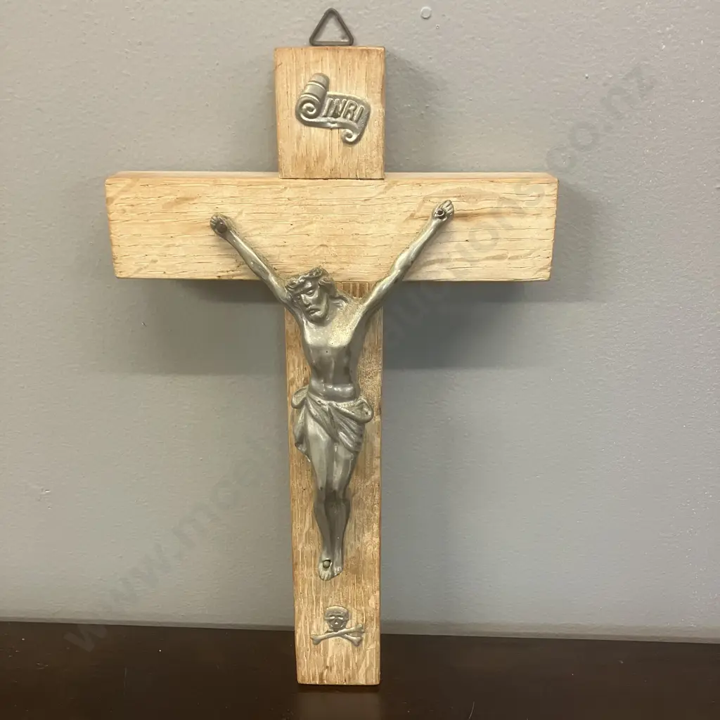 Vintage Wooden Pectoral Crucifix With INRI and Skull & Crossbones. L28cm Image 1++