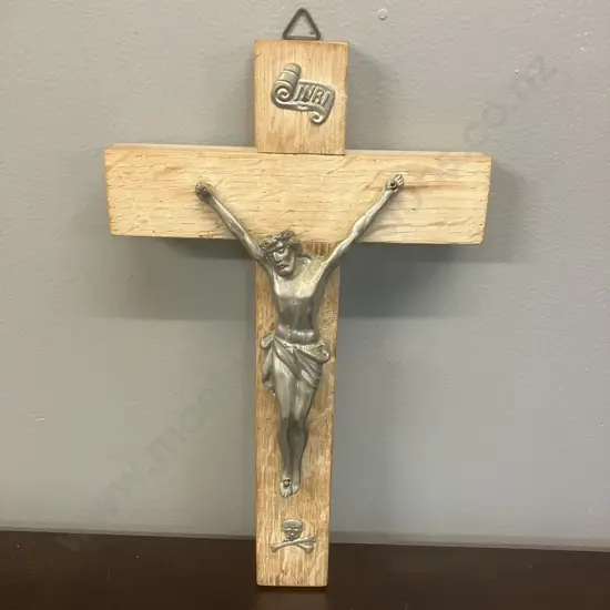 Vintage Wooden Pectoral Crucifix With INRI and Skull & Crossbones. L28cm