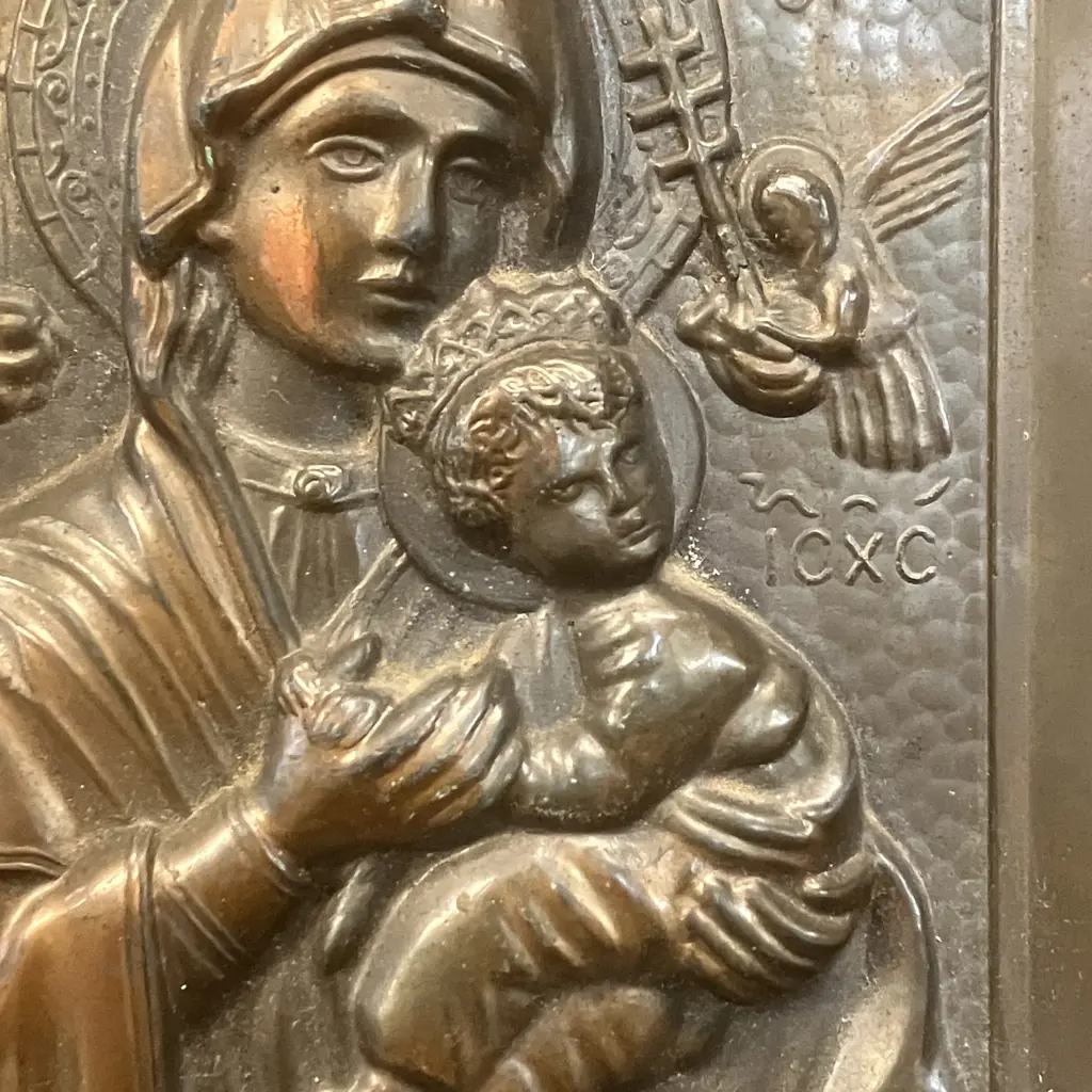 Antique 1920s/30s Bronze Icon - Theotokos (Mary) and Baby Jesus. Greek Orthodox. H14 W11.5 D2.5cm Image 1++
