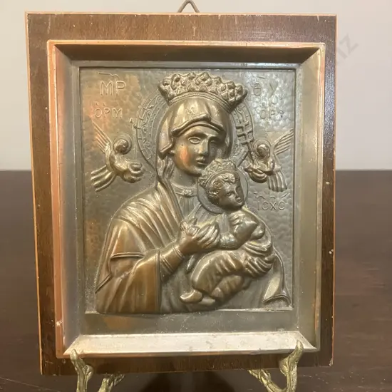 Antique 1920s/30s Bronze Icon - Theotokos (Mary) and Baby Jesus. Greek Orthodox. H14 W11.5 D2.5cm
