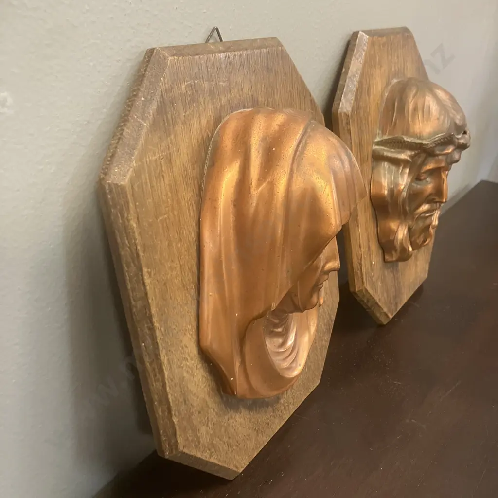 Vintage Mary & Jesus Copper Bas-Relief On Wood Wall Plaques. 20 x 16.5cm (1 Damaged) Image 1++