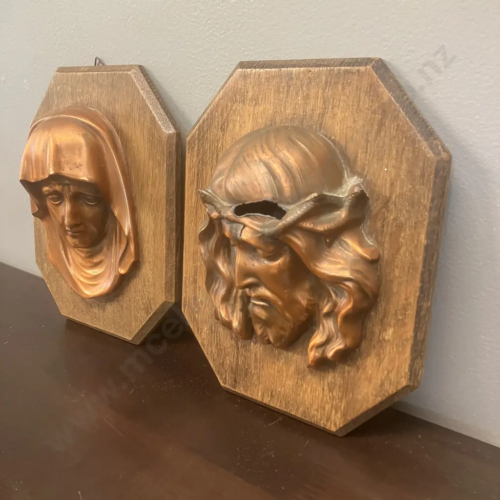 Vintage Mary & Jesus Copper Bas-Relief On Wood Wall Plaques. 20 x 16.5cm (1 Damaged) Image 1++