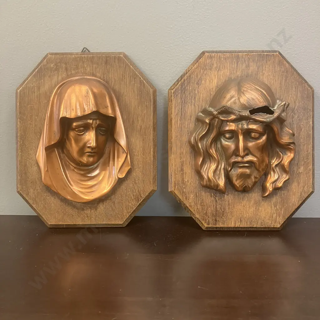 Vintage Mary & Jesus Copper Bas-Relief On Wood Wall Plaques. 20 x 16.5cm (1 Damaged) Image 1++