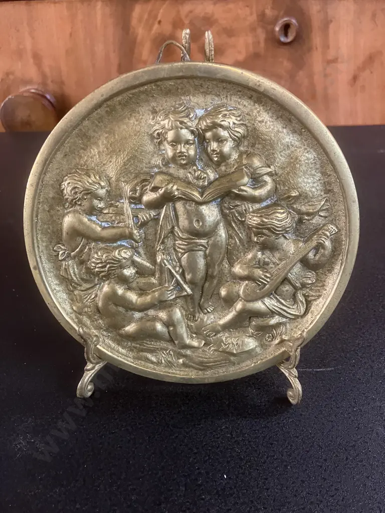 Victorian Style Brass Plaque Depicting Putti Playing Musical Instruments. 14.5cm Image 1++
