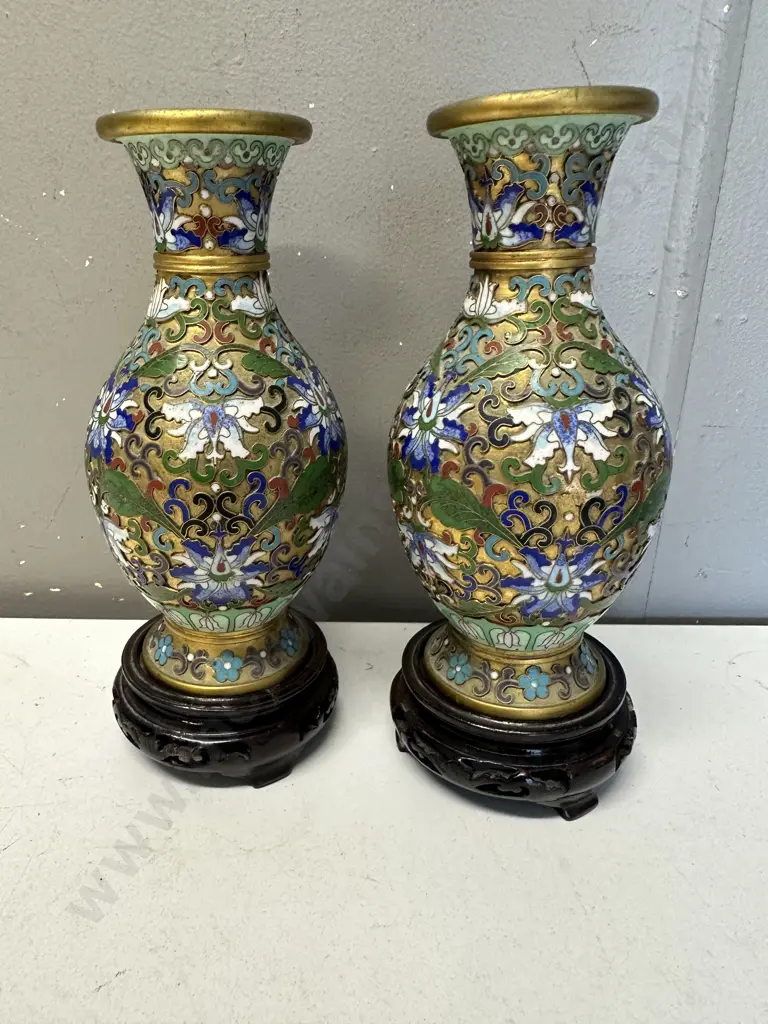 Pair Of Chinese Jingfa Cloisonne Vases On Carved Wooden Plinths Image 1++