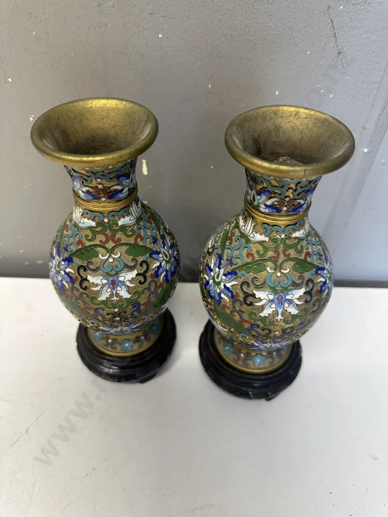 Pair Of Chinese Jingfa Cloisonne Vases On Carved Wooden Plinths Image 1++