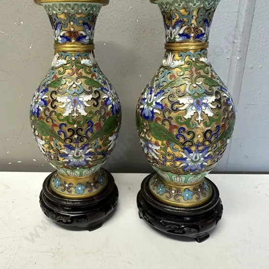 Pair Of Chinese Jingfa Cloisonne Vases On Carved Wooden Plinths