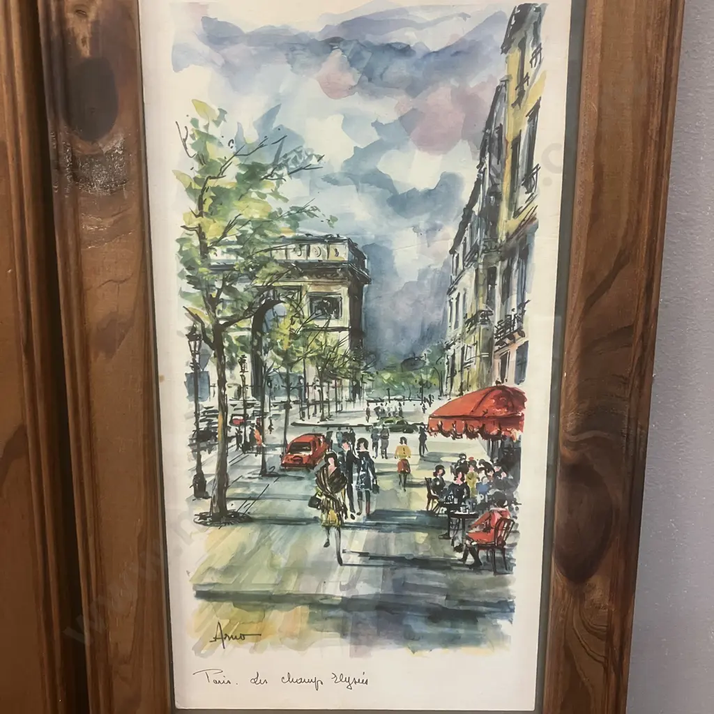 Vintage 1960s' Arno Beijk Watercolor Prints "Paris. Le Seine au Port Neuf" & "Paris. Les Champs Elysees". 48 x 27cm Image 1++
