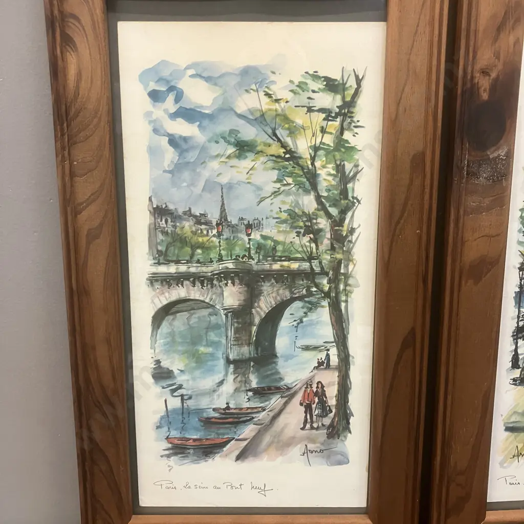 Vintage 1960s' Arno Beijk Watercolor Prints "Paris. Le Seine au Port Neuf" & "Paris. Les Champs Elysees". 48 x 27cm Image 1++