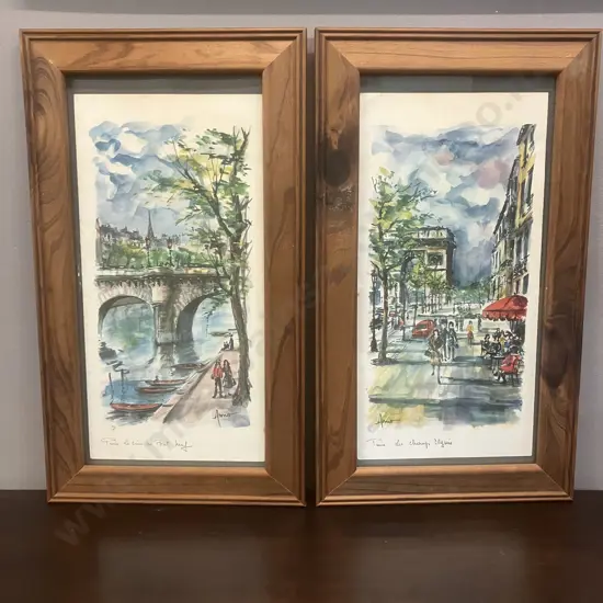 Vintage 1960s' Arno Beijk Watercolor Prints "Paris. Le Seine au Port Neuf" & "Paris. Les Champs Elysees". 48 x 27cm