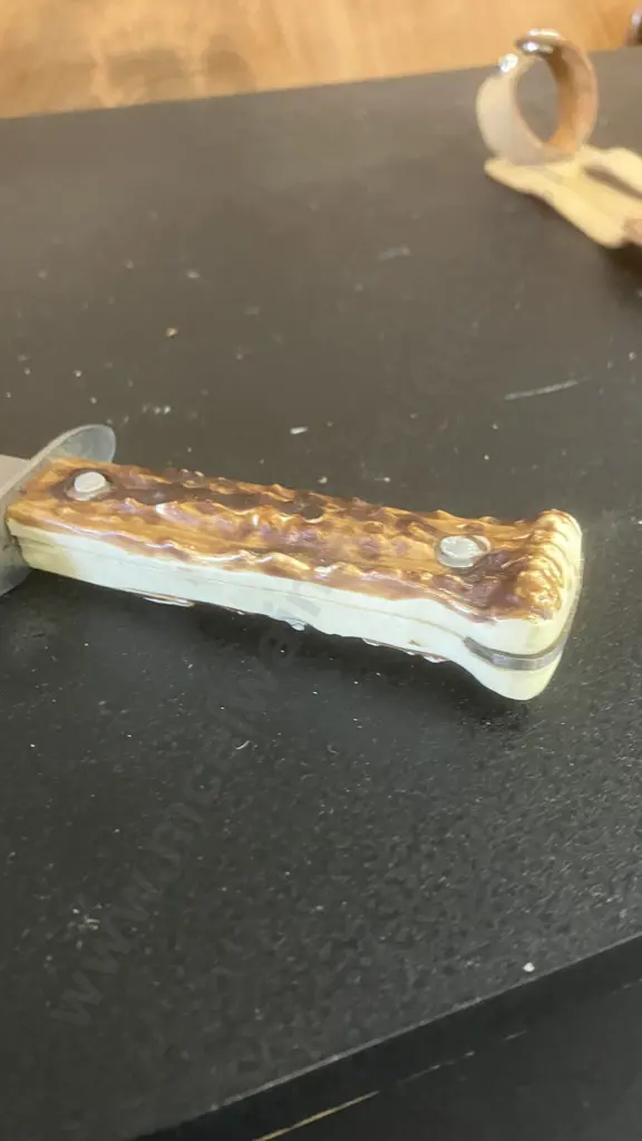 Vintage Tramontina Brasil Fixed Blade Hunting Knife With 'Antler Look' Handle & Leather Sheath. Knife 24.5cm Image 1++