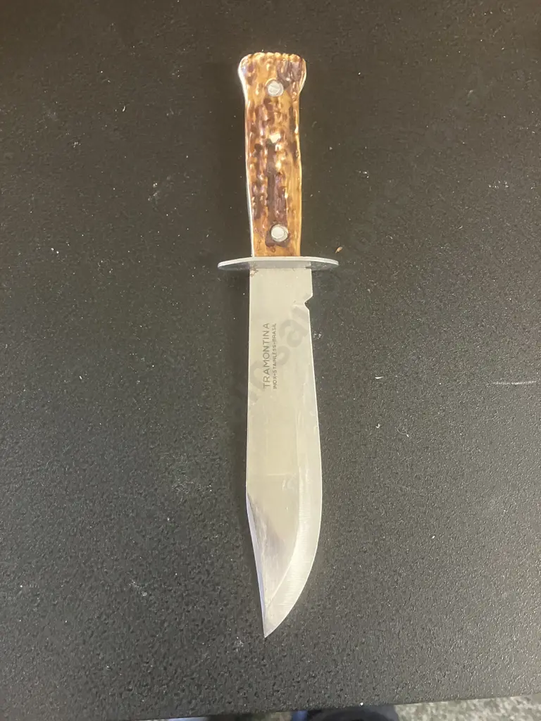 Vintage Tramontina Brasil Fixed Blade Hunting Knife With 'Antler Look' Handle & Leather Sheath. Knife 24.5cm Image 1++