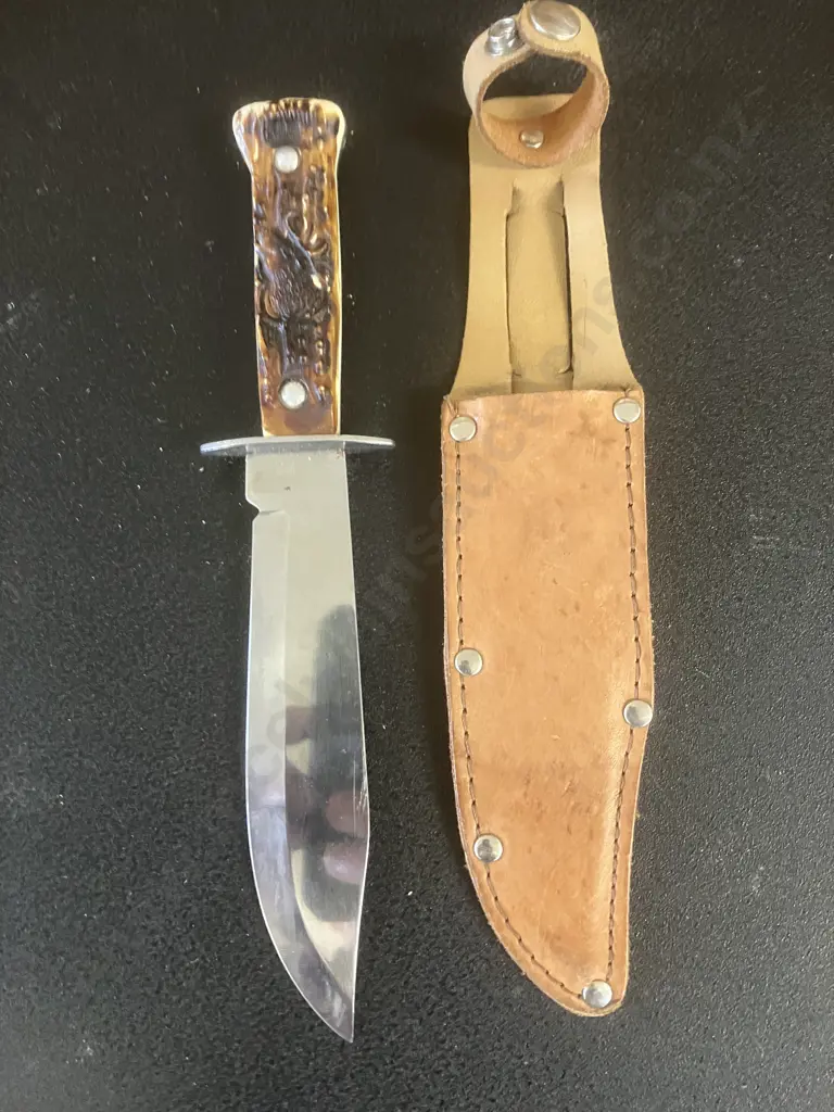 Vintage Tramontina Brasil Fixed Blade Hunting Knife With 'Antler Look' Handle & Leather Sheath. Knife 24.5cm Image 1++