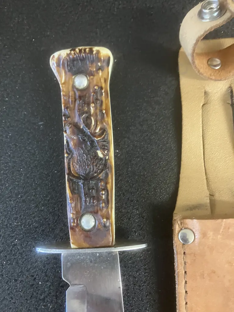 Vintage Tramontina Brasil Fixed Blade Hunting Knife With 'Antler Look' Handle & Leather Sheath. Knife 24.5cm Image 1++