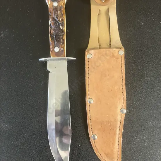 Vintage Tramontina Brasil Fixed Blade Hunting Knife With 'Antler Look' Handle & Leather Sheath. Knife 24.5cm