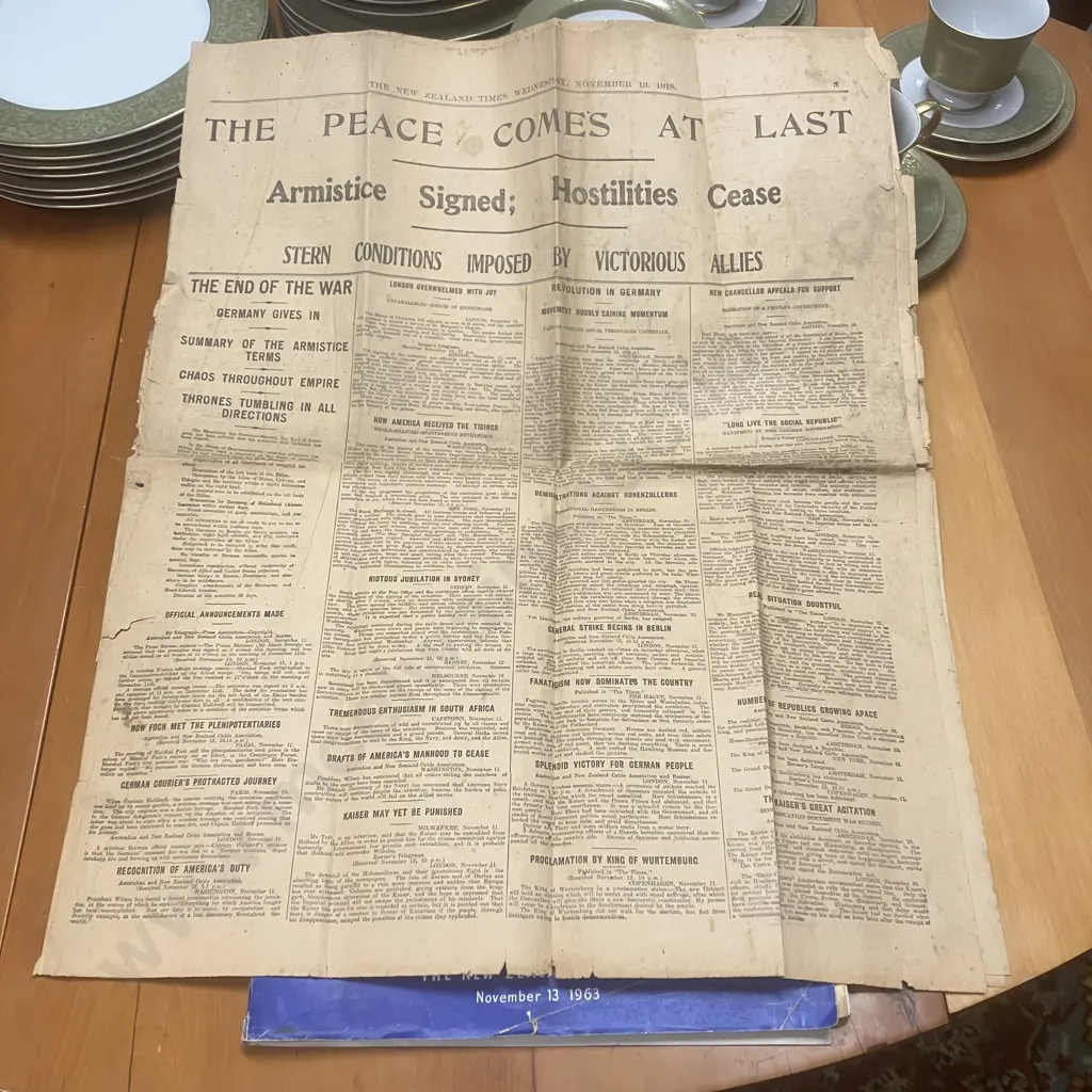 OLD NEWSPAPER: The New Zealand Times, Wed, Nov 13.1918 "Armistice Signed; Hostilities Cease" Image 1++