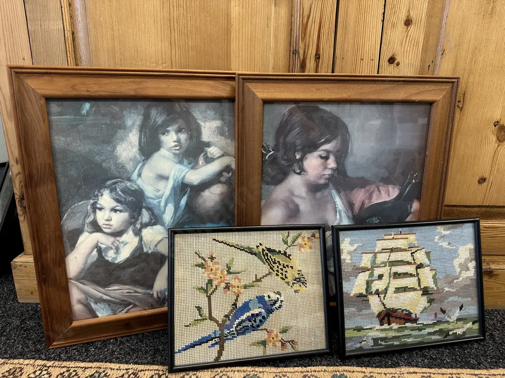 Selection Of Vintage Framed Artwork Including Spanish Themed & Cross Stitch Image 1++