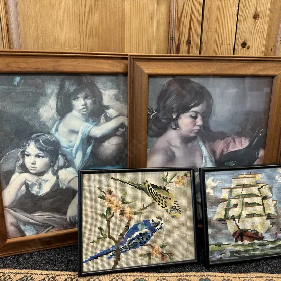 Selection Of Vintage Framed Artwork Including Spanish Themed & Cross Stitch