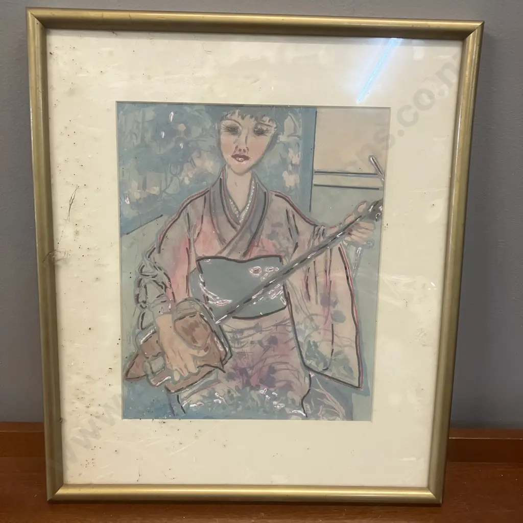 Japanese Woman Holding a Shamisen, 41 x 35cm Framed Artwork Image 1++