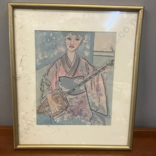 Japanese Woman Holding a Shamisen, 41 x 35cm Framed Artwork