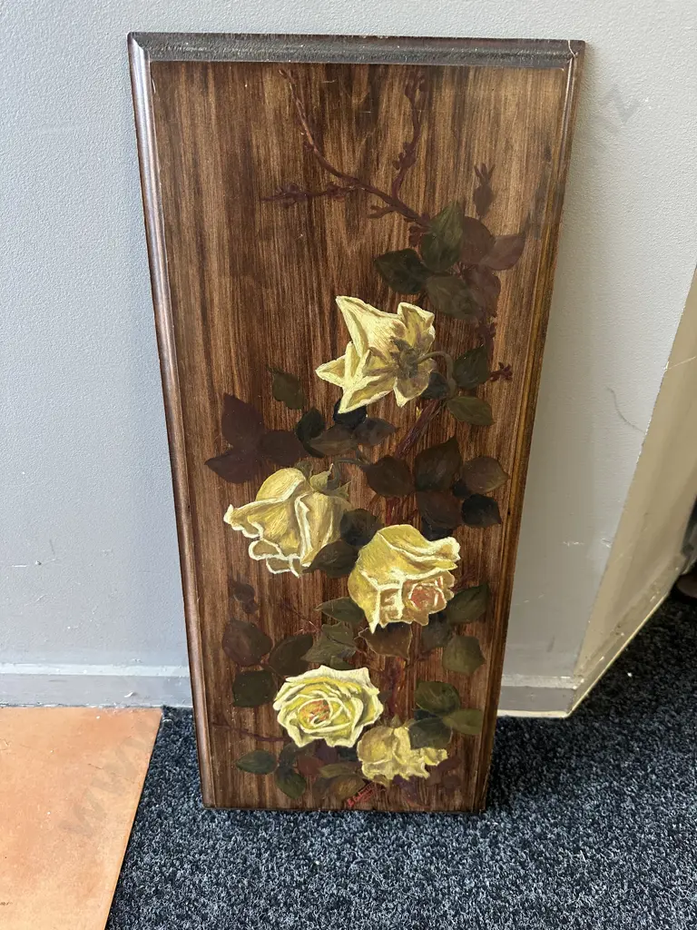 Vintage Floral Artwork On Board H69,W29cm. Image 1++