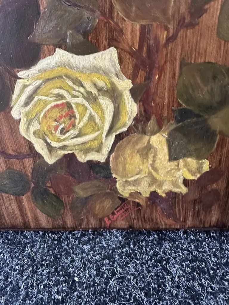 Vintage Floral Artwork On Board H69,W29cm. Image 1++