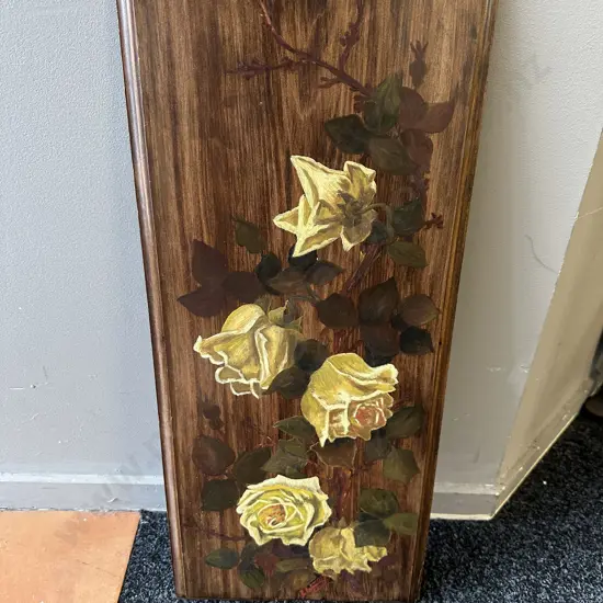 Vintage Floral Artwork On Board H69,W29cm.