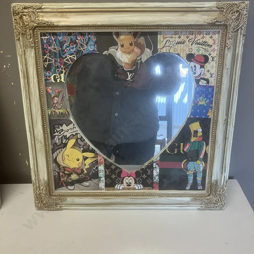 Wood Frame & Early Settler Heart Mirror With Cartoon Pictures Image 1++