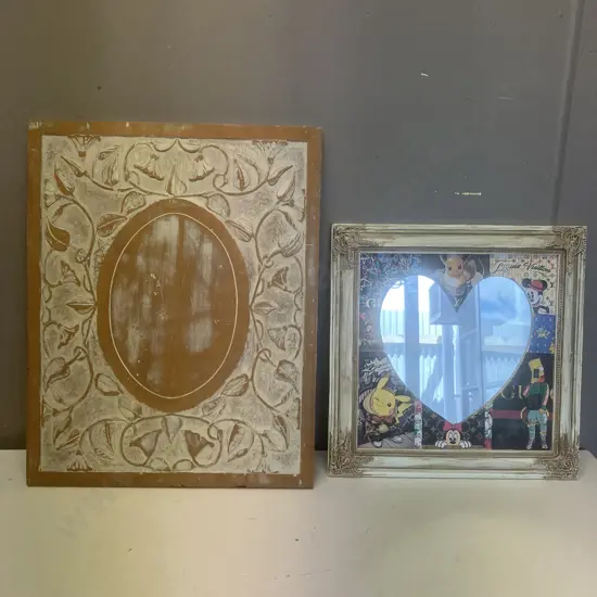 Wood Frame & Early Settler Heart Mirror With Cartoon Pictures