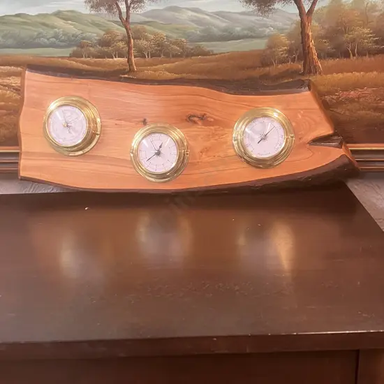 Weather Station Mounted On Timber. H20 W57 D5.5cm