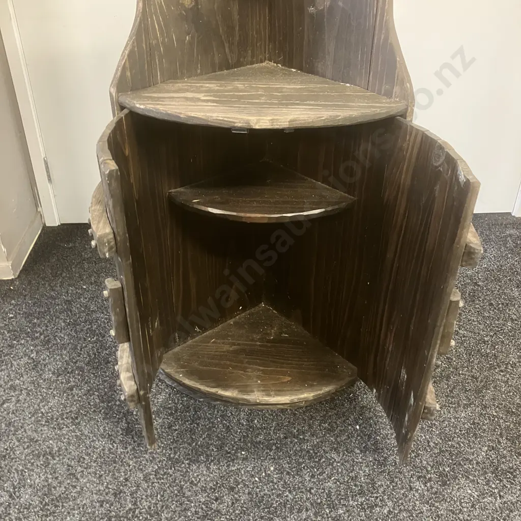 Large Rustic Pine Wooden 5 Shelf Corner Cabinet, 2 Doors At Base. As Found. H203 W54 D38cm Image 1++