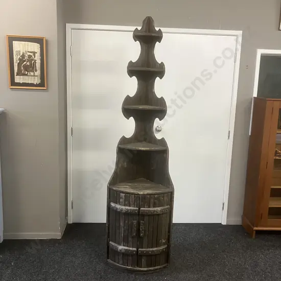 Large Rustic Pine Wooden 5 Shelf Corner Cabinet, 2 Doors At Base. As Found. H203 W54 D38cm