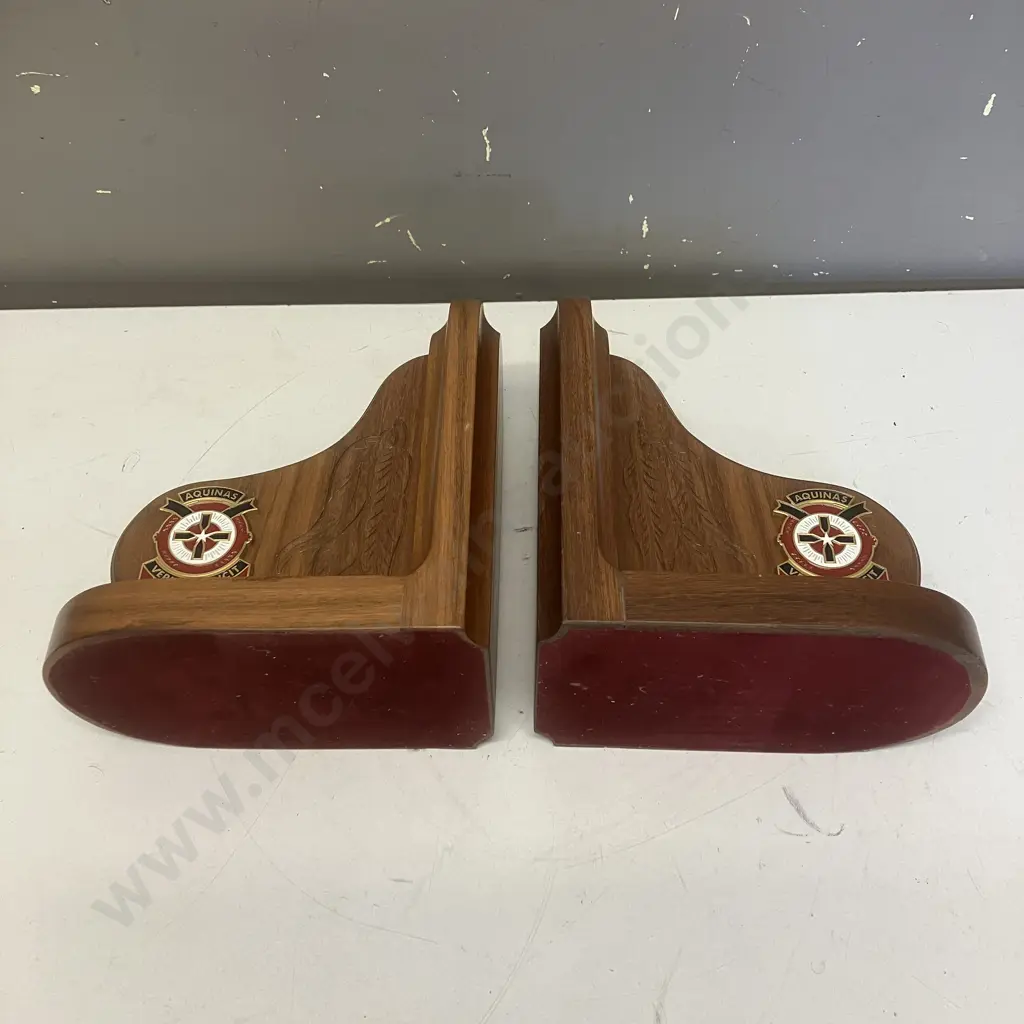 Aquinas College Crest With Motto Wooden Bookends. 22 x 38cm Image 1++