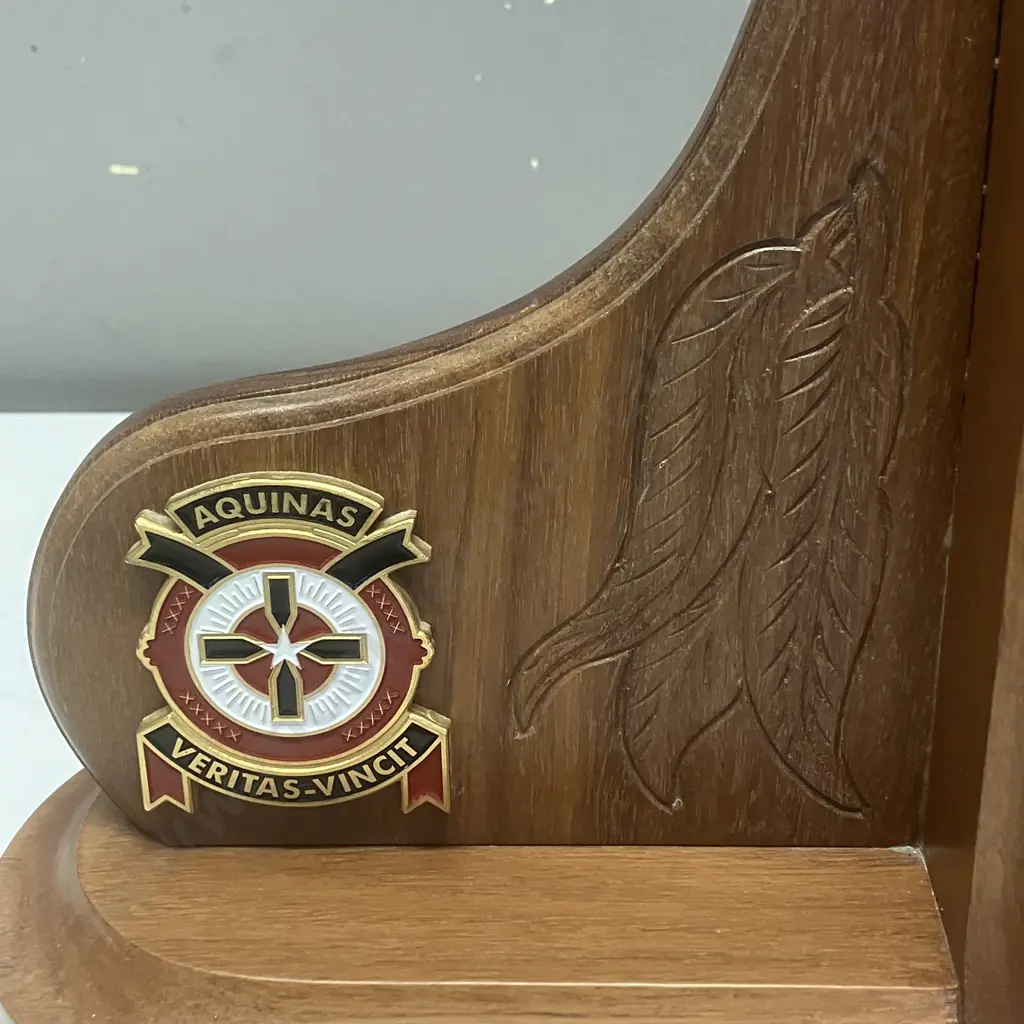 Aquinas College Crest With Motto Wooden Bookends. 22 x 38cm Image 1++
