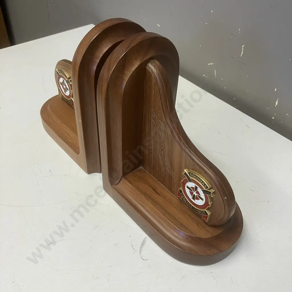 Aquinas College Crest With Motto Wooden Bookends. 22 x 38cm Image 1++
