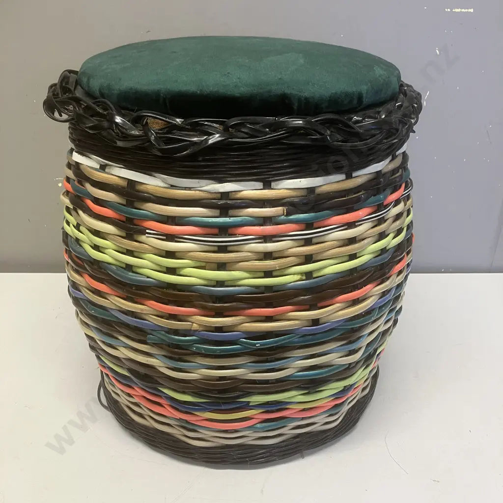 Multi Colour Woven Wicker Storage Basket With Padded Upholstered Top. 37 x 35cm Image 1++