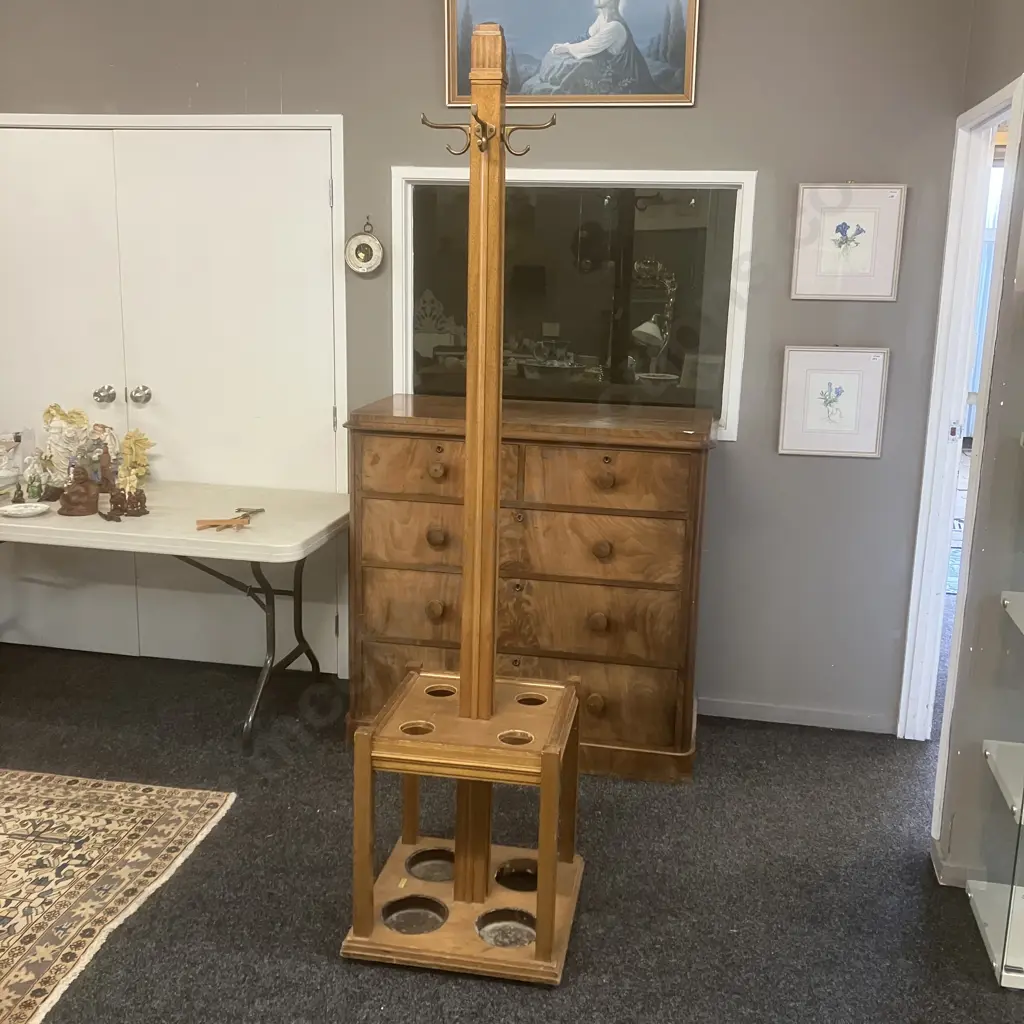 Vintage Oak Coat & Umbrella Stand With Wooden Coat Hangers. 207 x 50.5cm Image 1++