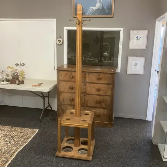 Vintage Oak Coat & Umbrella Stand With Wooden Coat Hangers. 207 x 50.5cm