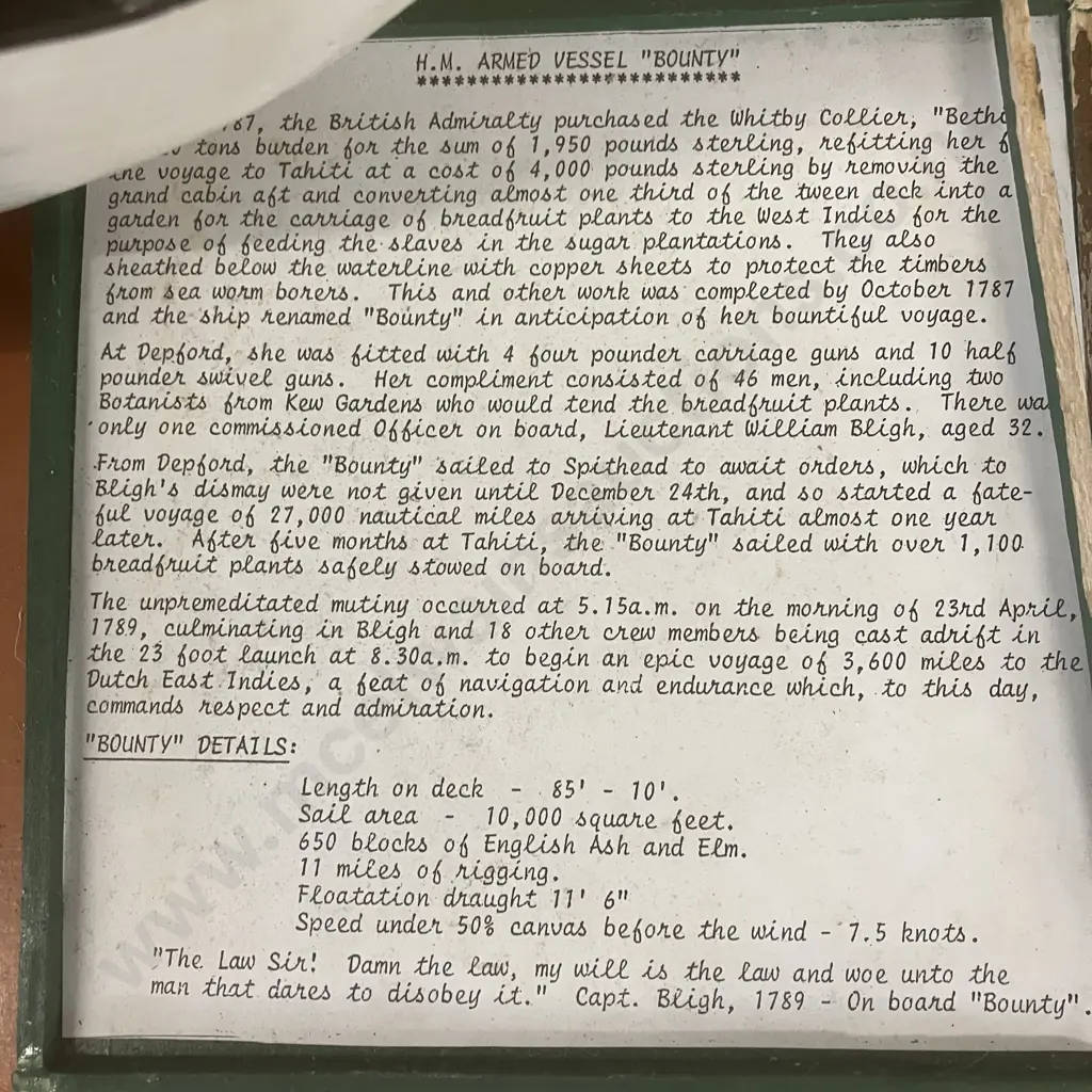 H.M.A.V. Bounty Wooden Model - Royal Navy Purchased British Merchant 1787 Commanded by William Bligh. L86cm Image 1++