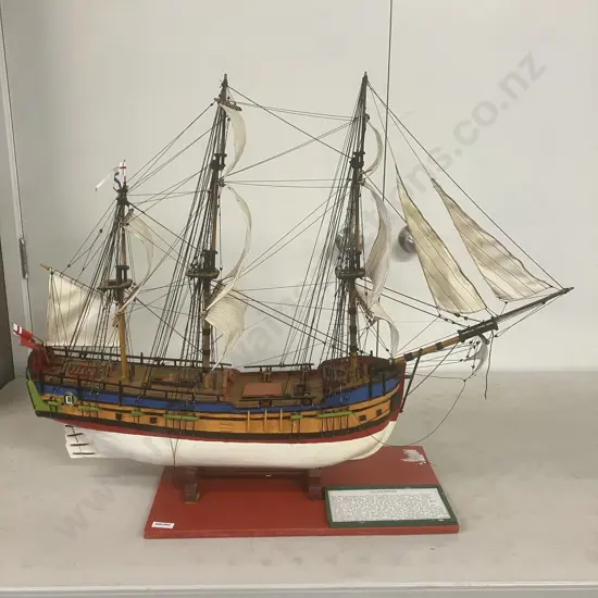 H.M. Bark Endeavour Wooden Model - Commanded by Lieutenant James Cook on First Voyage to NZ & AUS 1769-1771. L84cm