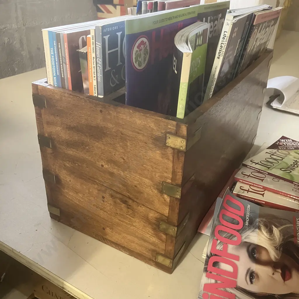 Wooden Box With Centre Carry Handle & Brass Corner Straps. H22 W45.5 D22cm Asstd Magazines - Home & Garden, FoodTown Et Image 1++