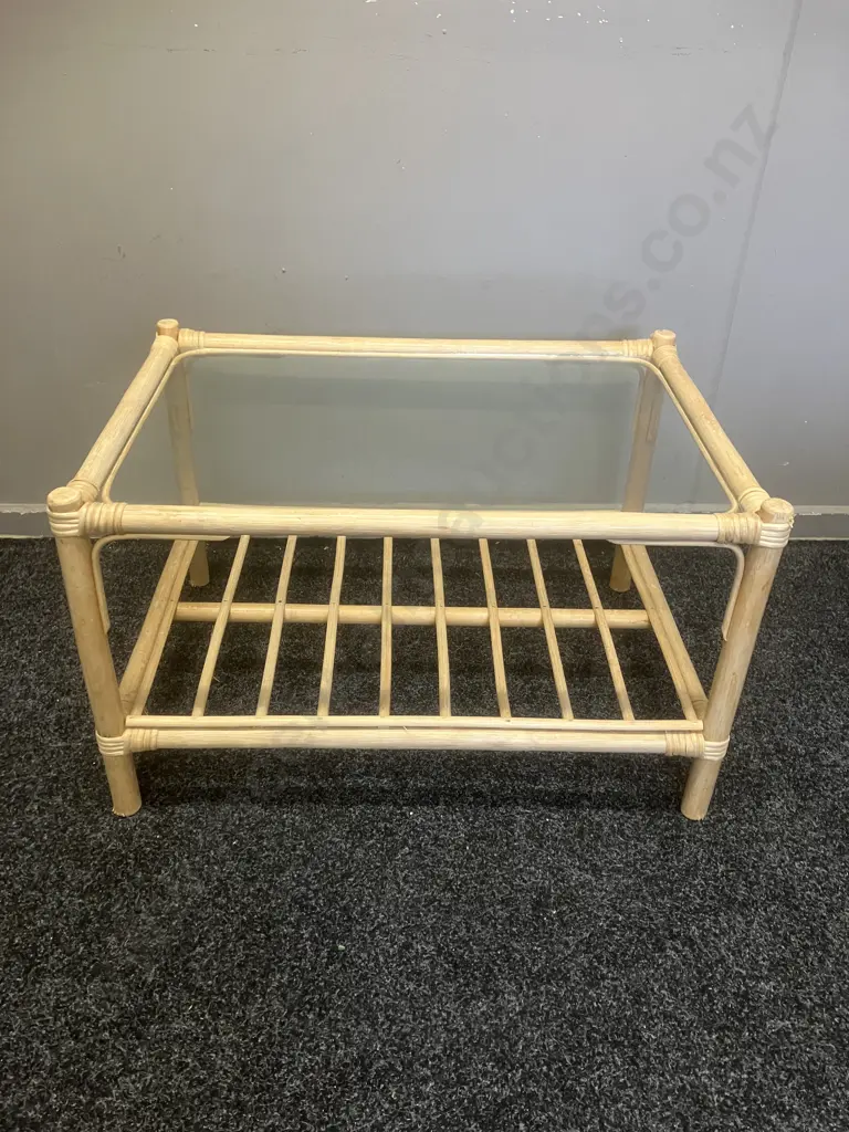 Cane & Glass Coffee Table With Under Shelf. H41 W67.5 D47cm Image 1++
